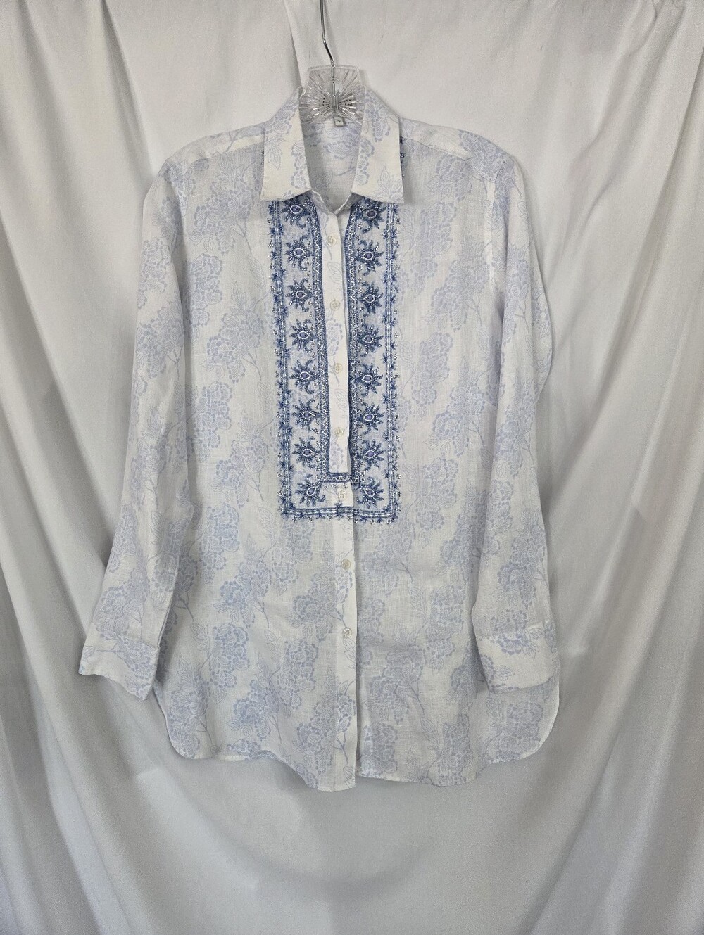 bella tu For Gorsuch Linen Blue Beaded Tunic/Shirt Size S